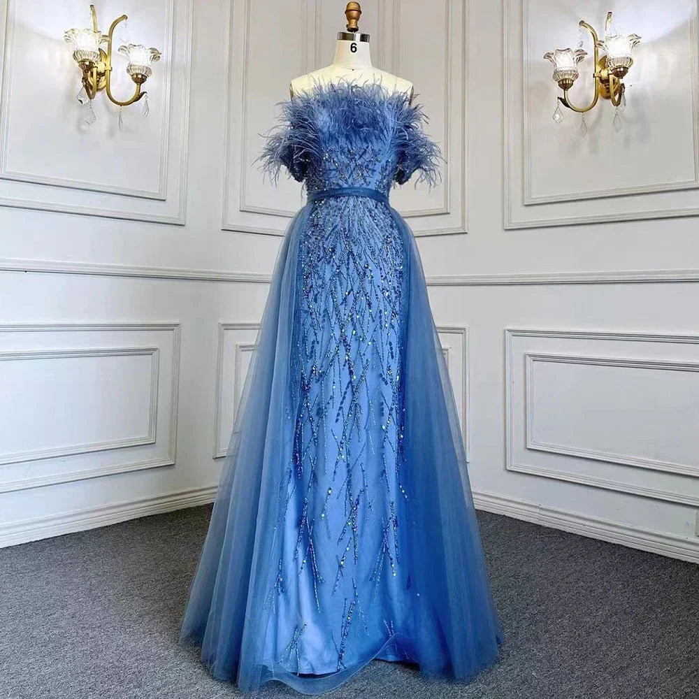 Vestido de noche de sirena azul con cuentas y sobrefalda de lujo de Dubái LA71634