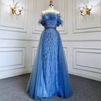 Vestido de noche de sirena azul con cuentas y sobrefalda de lujo de Dubái LA71634