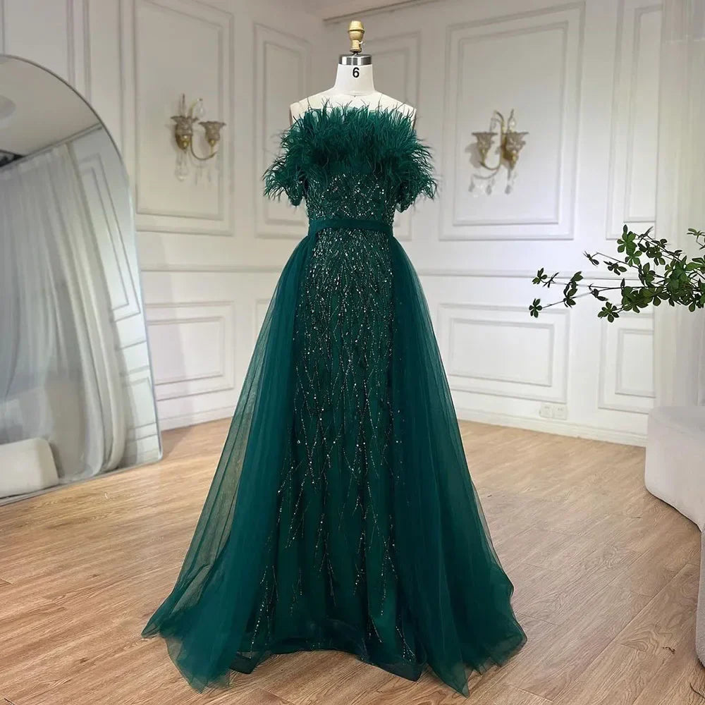 Vestido de noche de sirena azul con cuentas y sobrefalda de lujo de Dubái LA71634