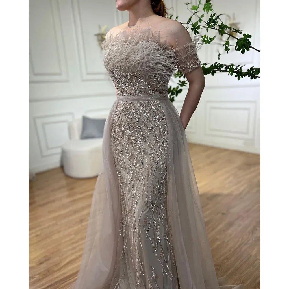Vestido de noche de sirena azul con cuentas y sobrefalda de lujo de Dubái LA71634