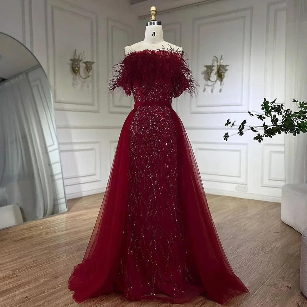 Vestido de noche de sirena azul con cuentas y sobrefalda de lujo de Dubái LA71634