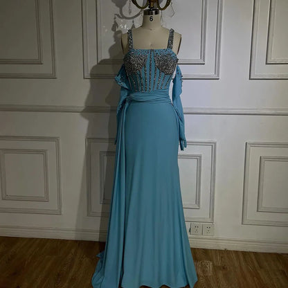 Vestido de noche de lujo de Dubái 2025, azul, con abertura alta, corte sirena, tirantes finos y guantes, ideal para bodas LA72366 