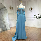 Vestido de noche de lujo de Dubái 2025, azul, con abertura alta, corte sirena, tirantes finos y guantes, ideal para bodas LA72366 
