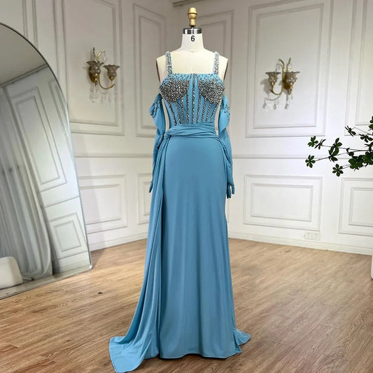Vestido de noche de lujo de Dubái 2025, azul, con abertura alta, corte sirena, tirantes finos y guantes, ideal para bodas LA72366 