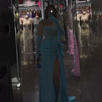 Vestido de noche de lujo de Dubái 2025, azul, con abertura alta, corte sirena, tirantes finos y guantes, ideal para bodas LA72366 