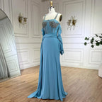 Vestido de noche de lujo de Dubái 2025, azul, con abertura alta, corte sirena, tirantes finos y guantes, ideal para bodas LA72366 