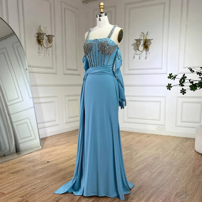 Vestido de noche de lujo de Dubái 2025, azul, con abertura alta, corte sirena, tirantes finos y guantes, ideal para bodas LA72366 