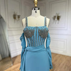 Vestido de noche de lujo de Dubái 2025, azul, con abertura alta, corte sirena, tirantes finos y guantes, ideal para bodas LA72366 