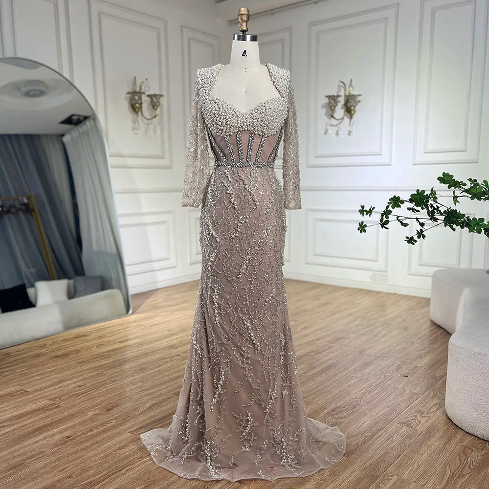 Vestido de noche elegante estilo sirena árabe color nude con cuentas y perlas de Dubái para mujer - Fiesta de bodas 2025 LA72361 