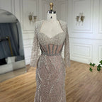 Vestido de noche elegante estilo sirena árabe color nude con cuentas y perlas de Dubái para mujer - Fiesta de bodas 2025 LA72361 