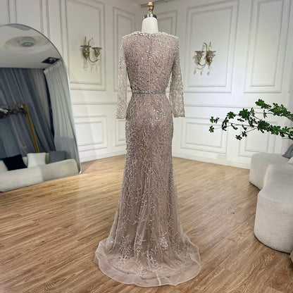 Vestido de noche elegante estilo sirena árabe color nude con cuentas y perlas de Dubái para mujer - Fiesta de bodas 2025 LA72361 