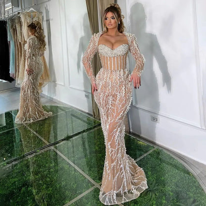 Vestido de noche elegante estilo sirena árabe color nude con cuentas y perlas de Dubái para mujer - Fiesta de bodas 2025 LA72361 