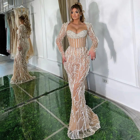 Vestido de noche elegante estilo sirena árabe color nude con cuentas y perlas de Dubái para mujer - Fiesta de bodas 2025 LA72361 