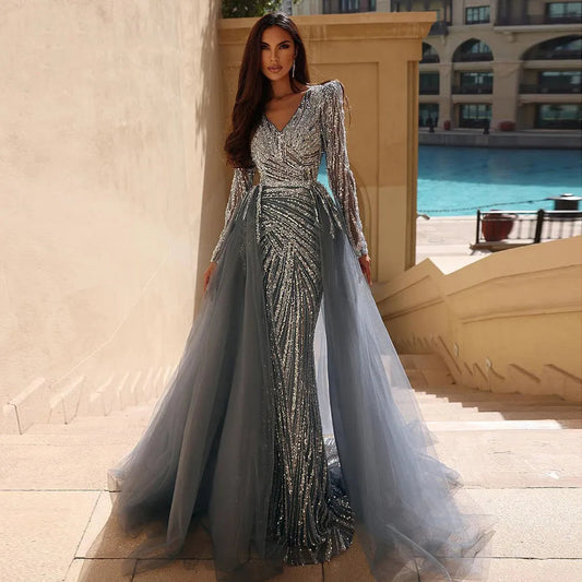 Vestidos de noche musulmanes de lujo en azul con cuentas y sirena de Dubái, con falda desmontable, 2025, para mujer, fiesta, LA71750 