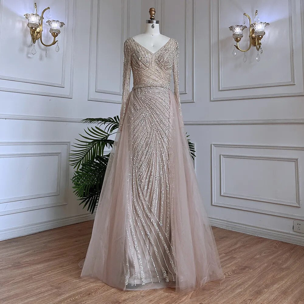 Vestidos de noche musulmanes de lujo en azul con cuentas y sirena de Dubái, con falda desmontable, 2025, para mujer, fiesta, LA71750 