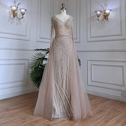 Vestidos de noche musulmanes de lujo en azul con cuentas y sirena de Dubái, con falda desmontable, 2025, para mujer, fiesta, LA71750 