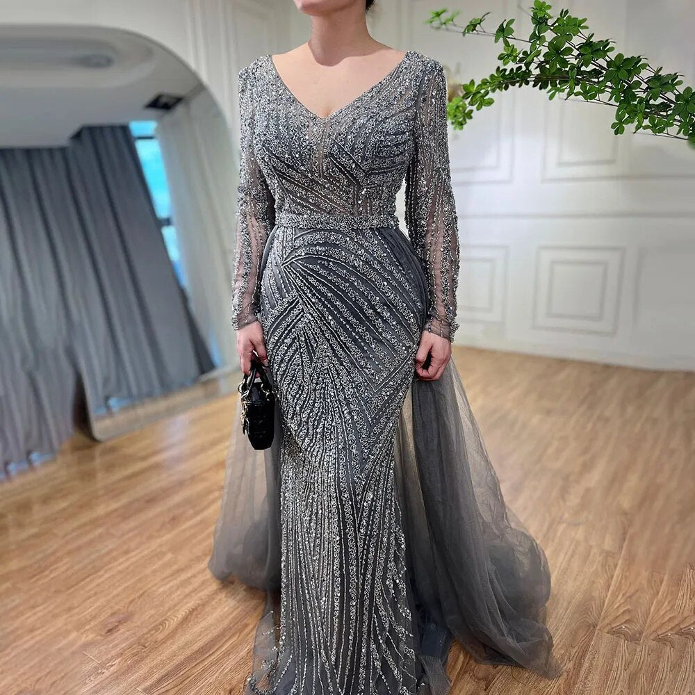 Vestidos de noche musulmanes de lujo en azul con cuentas y sirena de Dubái, con falda desmontable, 2025, para mujer, fiesta, LA71750 