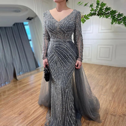Vestidos de noche musulmanes de lujo en azul con cuentas y sirena de Dubái, con falda desmontable, 2025, para mujer, fiesta, LA71750 