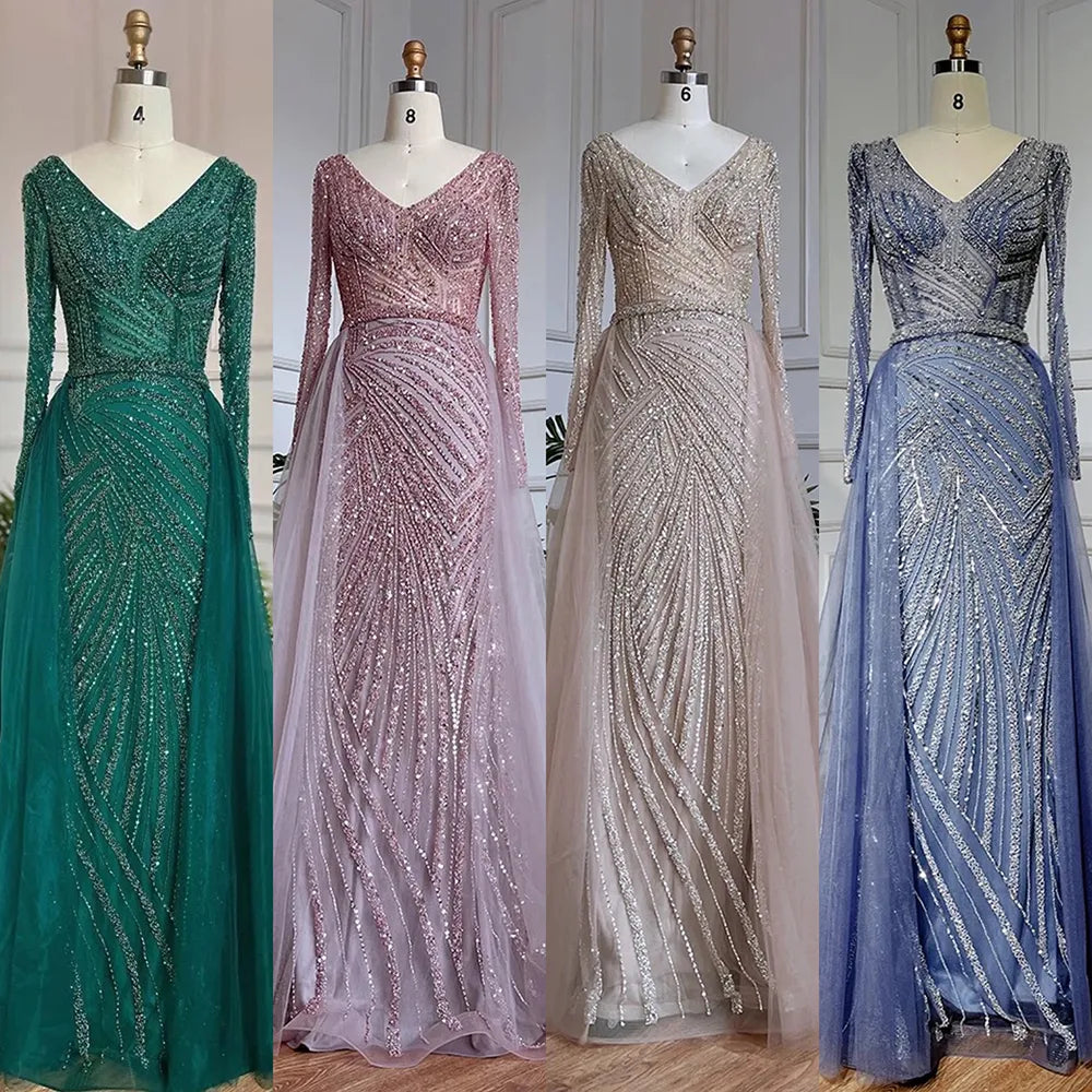 Vestidos de noche musulmanes de lujo en azul con cuentas y sirena de Dubái, con falda desmontable, 2025, para mujer, fiesta, LA71750 