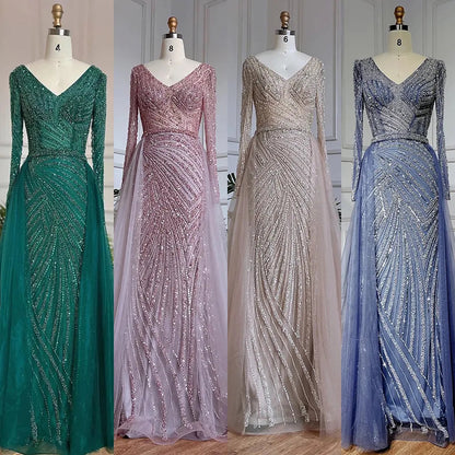 Vestidos de noche musulmanes de lujo en azul con cuentas y sirena de Dubái, con falda desmontable, 2025, para mujer, fiesta, LA71750 