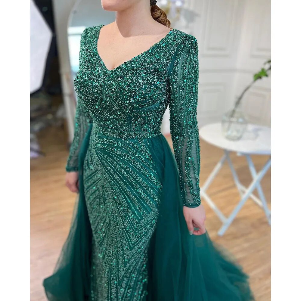 Vestidos de noche musulmanes de lujo en azul con cuentas y sirena de Dubái, con falda desmontable, 2025, para mujer, fiesta, LA71750 