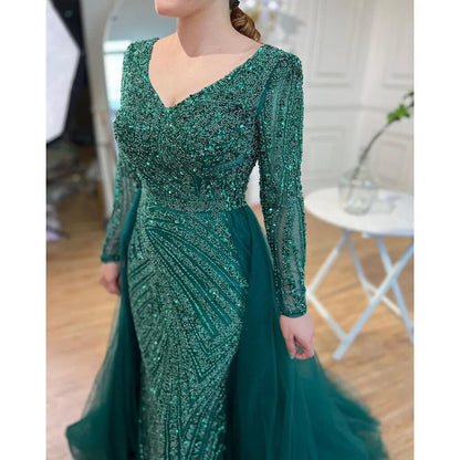 Vestidos de noche musulmanes de lujo en azul con cuentas y sirena de Dubái, con falda desmontable, 2025, para mujer, fiesta, LA71750 