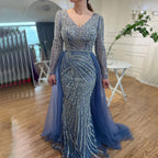 Vestidos de noche musulmanes de lujo en azul con cuentas y sirena de Dubái, con falda desmontable, 2025, para mujer, fiesta, LA71750 