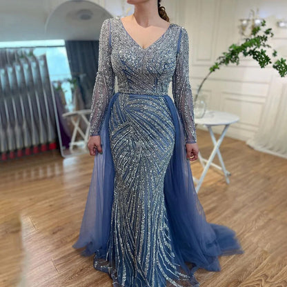 Vestidos de noche musulmanes de lujo en azul con cuentas y sirena de Dubái, con falda desmontable, 2025, para mujer, fiesta, LA71750 
