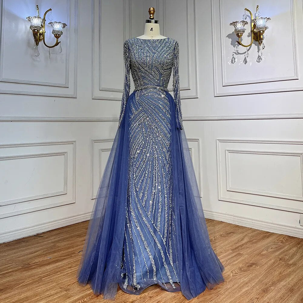 Vestidos de noche musulmanes de lujo en azul con cuentas y sirena de Dubái, con falda desmontable, 2025, para mujer, fiesta, LA71750 