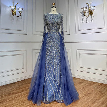 Vestidos de noche musulmanes de lujo en azul con cuentas y sirena de Dubái, con falda desmontable, 2025, para mujer, fiesta, LA71750 