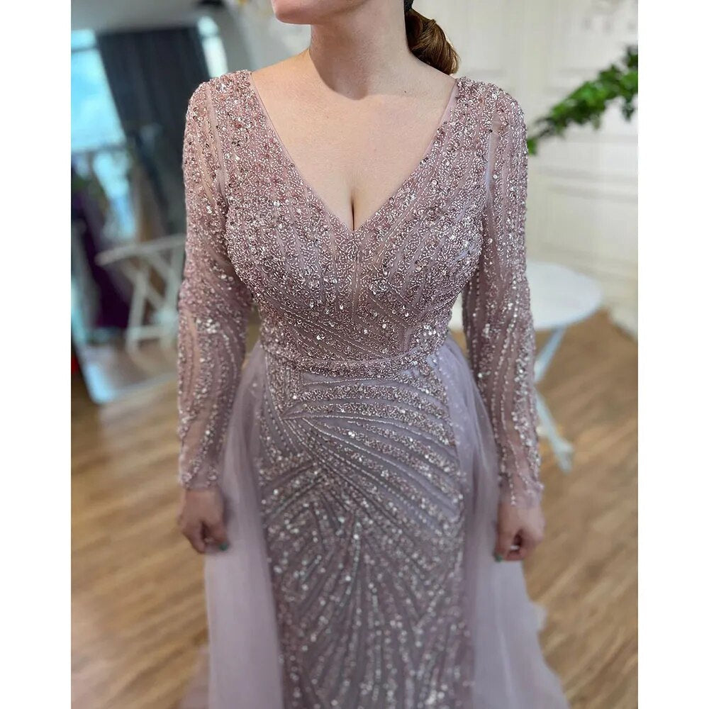 Vestidos de noche musulmanes de lujo en azul con cuentas y sirena de Dubái, con falda desmontable, 2025, para mujer, fiesta, LA71750 