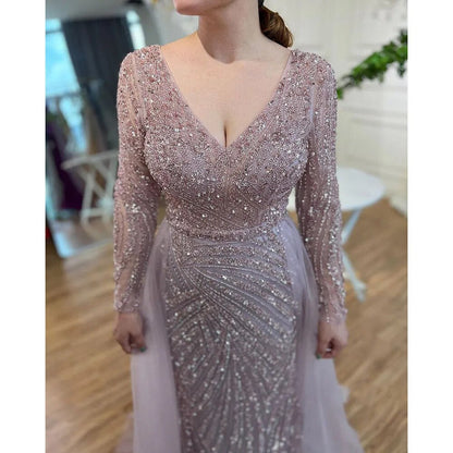 Vestidos de noche musulmanes de lujo en azul con cuentas y sirena de Dubái, con falda desmontable, 2025, para mujer, fiesta, LA71750 