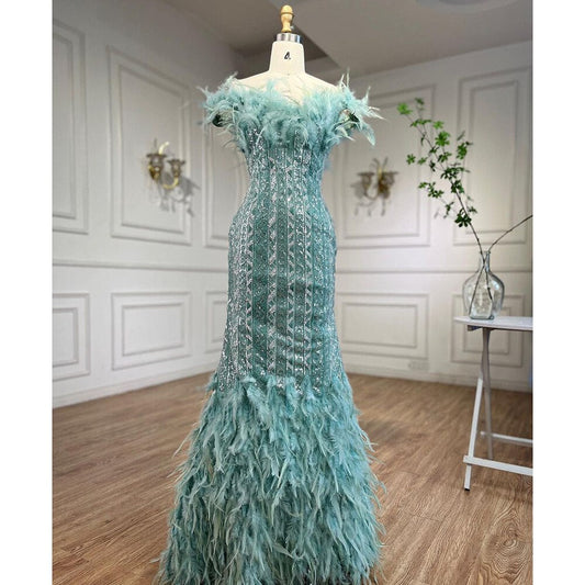 Vestidos de noche de sirena sexys con plumas de cristal de lujo de Dubái Mint, vestidos formales para mujer, fiesta de bodas 2025 LA72095 