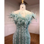 Vestidos de noche de sirena sexys con plumas de cristal de lujo de Dubái Mint, vestidos formales para mujer, fiesta de bodas 2025 LA72095 