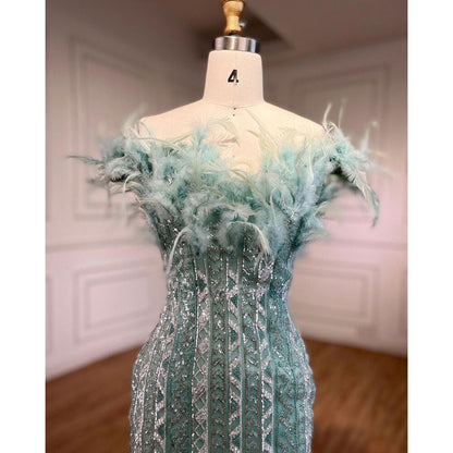 Vestidos de noche de sirena sexys con plumas de cristal de lujo de Dubái Mint, vestidos formales para mujer, fiesta de bodas 2025 LA72095 