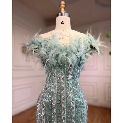 Vestidos de noche de sirena sexys con plumas de cristal de lujo de Dubái Mint, vestidos formales para mujer, fiesta de bodas 2025 LA72095 