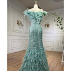 Vestidos de noche de sirena sexys con plumas de cristal de lujo de Dubái Mint, vestidos formales para mujer, fiesta de bodas 2025 LA72095 