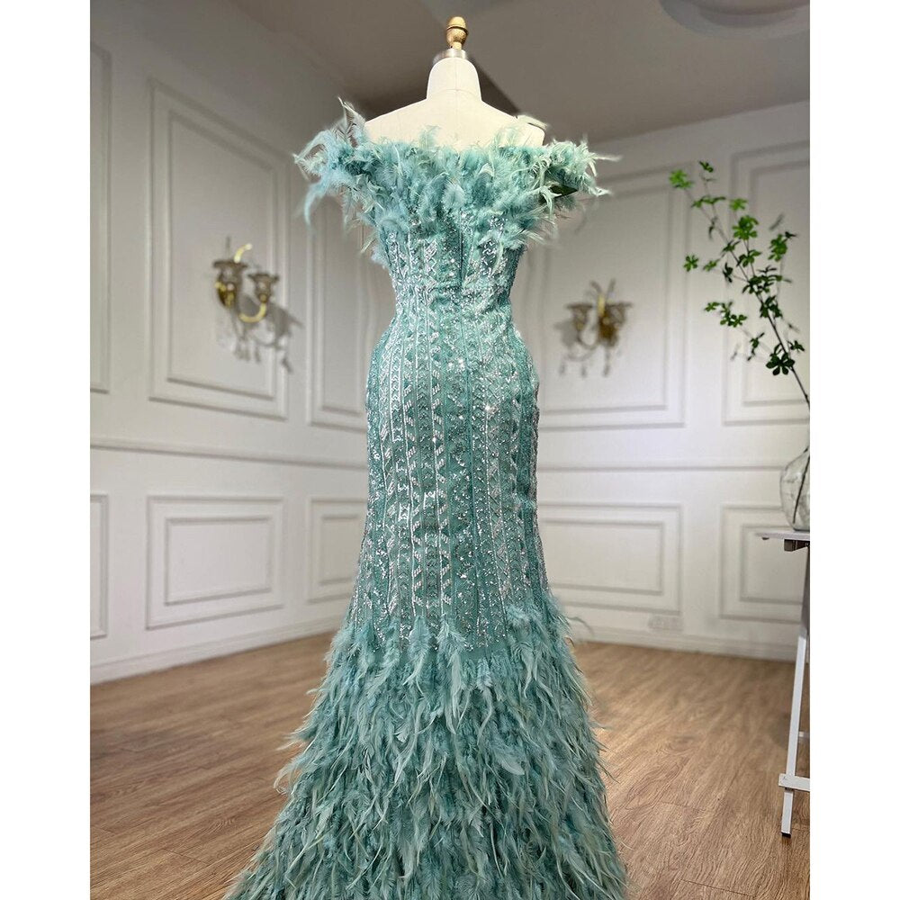 Vestidos de noche de sirena sexys con plumas de cristal de lujo de Dubái Mint, vestidos formales para mujer, fiesta de bodas 2025 LA72095 