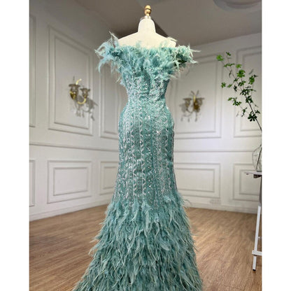Vestidos de noche de sirena sexys con plumas de cristal de lujo de Dubái Mint, vestidos formales para mujer, fiesta de bodas 2025 LA72095 