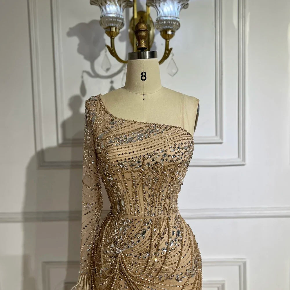 Vestido de noche estilo sirena con abertura y plumas, de lujo, color nude, de Dubái, con un solo hombro, para mujer, vestido de fiesta LA72353 