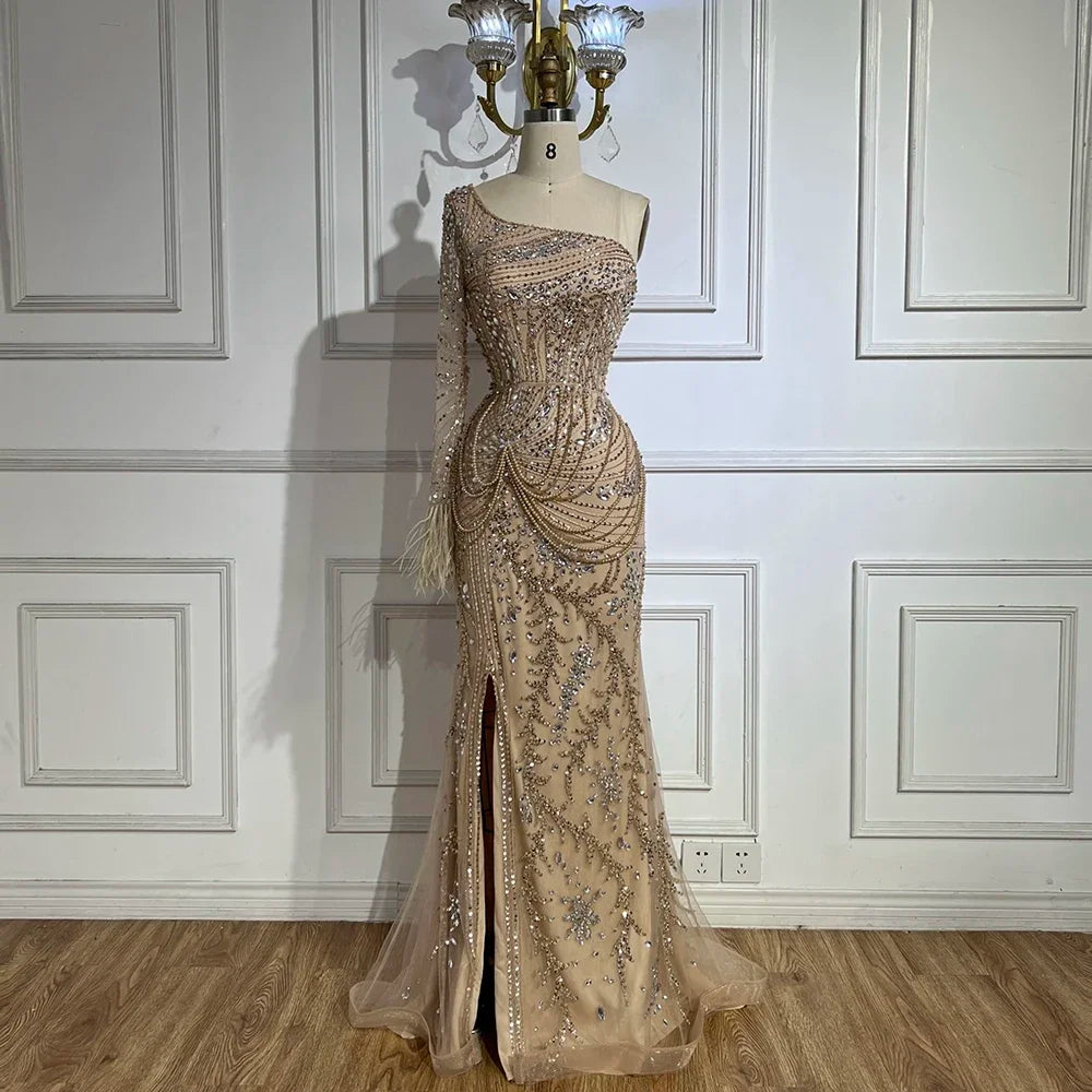Vestido de noche estilo sirena con abertura y plumas, de lujo, color nude, de Dubái, con un solo hombro, para mujer, vestido de fiesta LA72353 