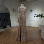 Vestido de noche estilo sirena con abertura y plumas, de lujo, color nude, de Dubái, con un solo hombro, para mujer, vestido de fiesta LA72353 