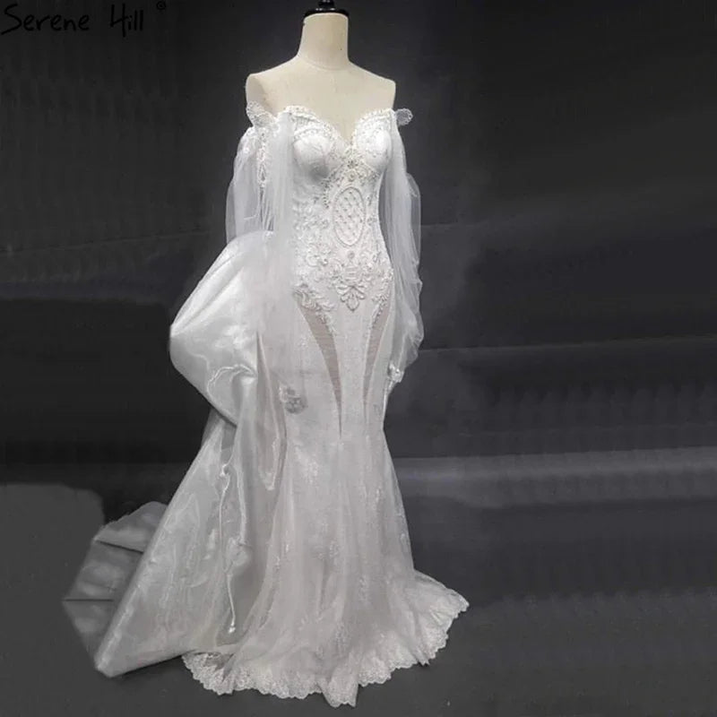 Vestidos de novia elegantes de sirena con encaje de cristal, hombros descubiertos y mangas farol, hechos a medida, estilo Dubái 2025, HA2402 