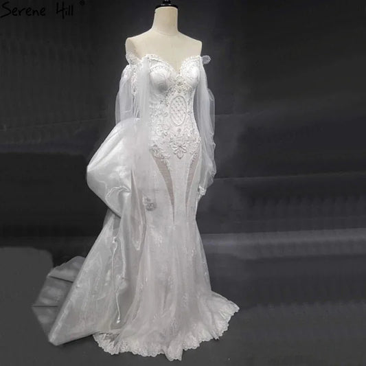 Vestidos de novia elegantes de sirena con encaje de cristal, hombros descubiertos y mangas farol, hechos a medida, estilo Dubái 2025, HA2402 