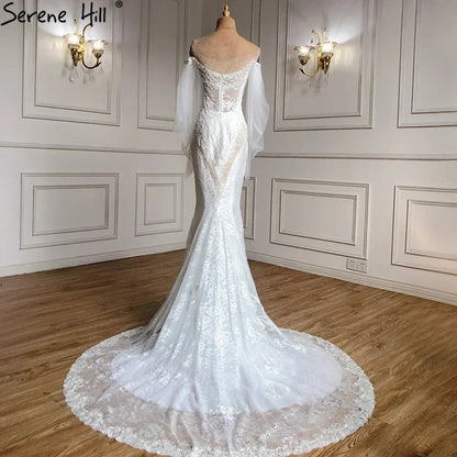 Vestidos de novia elegantes de sirena con encaje de cristal, hombros descubiertos y mangas farol, hechos a medida, estilo Dubái 2025, HA2402 