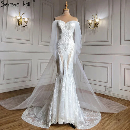Vestidos de novia elegantes de sirena con encaje de cristal, hombros descubiertos y mangas farol, hechos a medida, estilo Dubái 2025, HA2402 