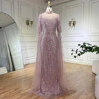 Vestido de noche árabe largo de lujo con mangas abullonadas, estilo sirena, con cuentas, color rosa de Dubái, para mujer, para fiesta de bodas LA71992A 