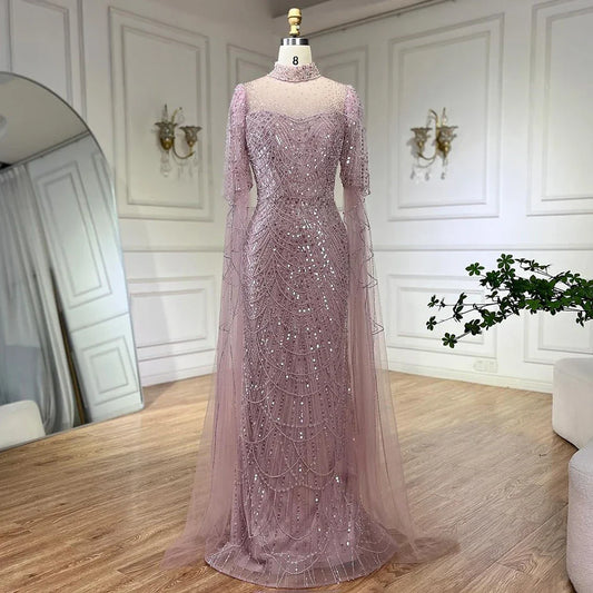 Vestido de noche árabe largo de lujo con mangas abullonadas, estilo sirena, con cuentas, color rosa de Dubái, para mujer, para fiesta de bodas LA71992A 