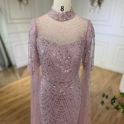 Vestido de noche árabe largo de lujo con mangas abullonadas, estilo sirena, con cuentas, color rosa de Dubái, para mujer, para fiesta de bodas LA71992A 