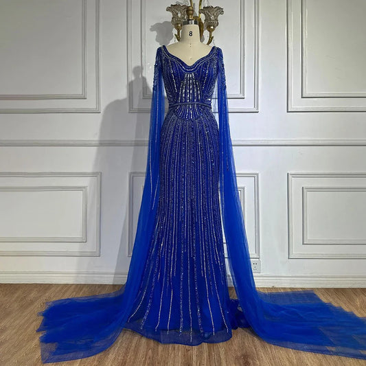 Elegante vestido de noche árabe de lujo con mangas abullonadas y cuentas en azul real de Dubái para mujer, fiesta 2025 LA72502 
